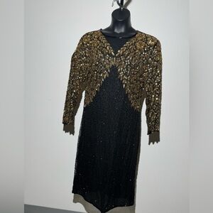 Vintage Mark & John II Black Gold Beaded Formal Evening Dress 3/4 Sleeve